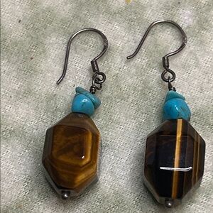 Vintage- Octagon Cut Tiger’s eye Turquoise and Drop Earrings with SS925
